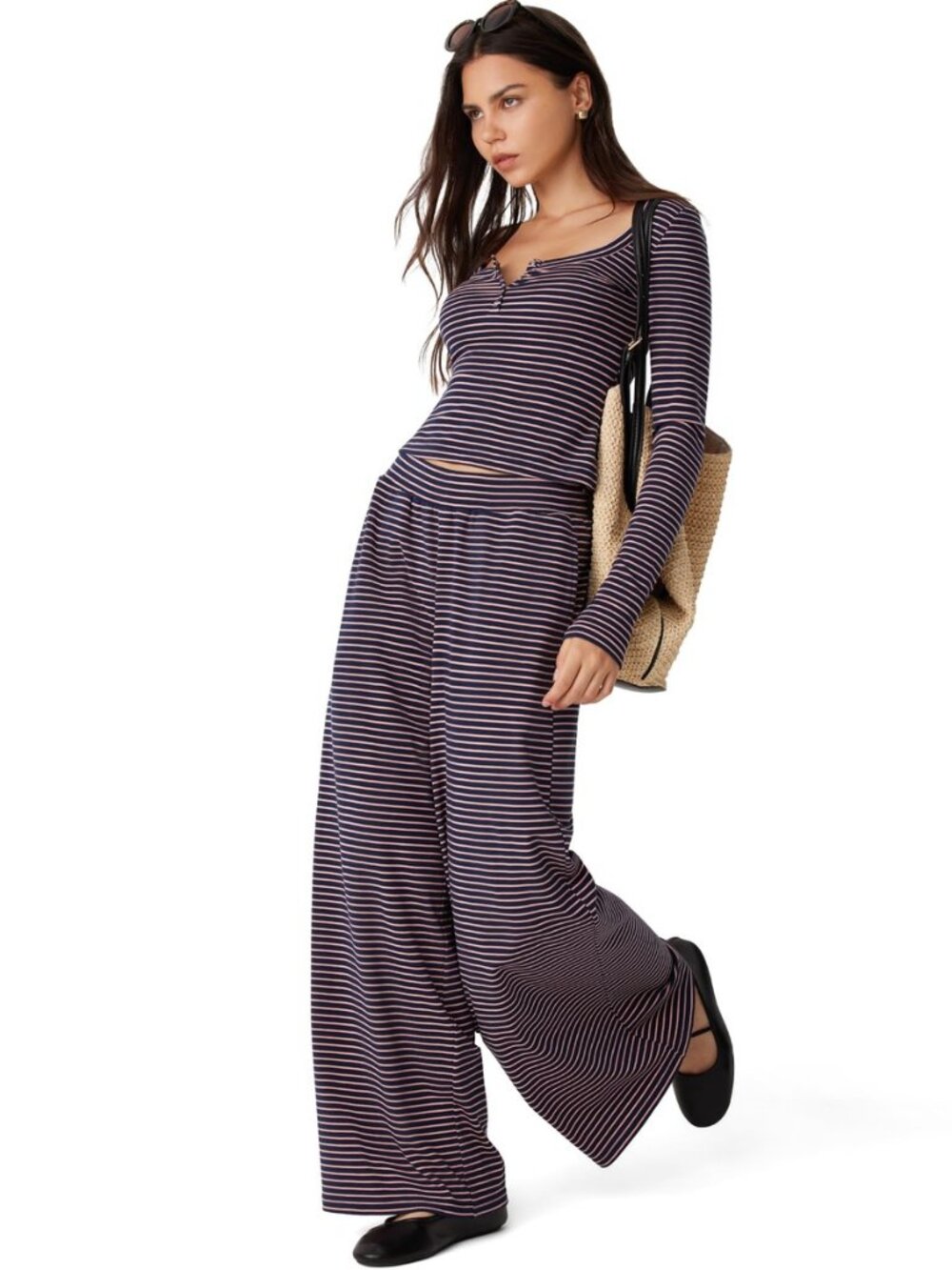 Women 2 Piece Matching Lounge Sets Striped Long Sleeve Pants Set